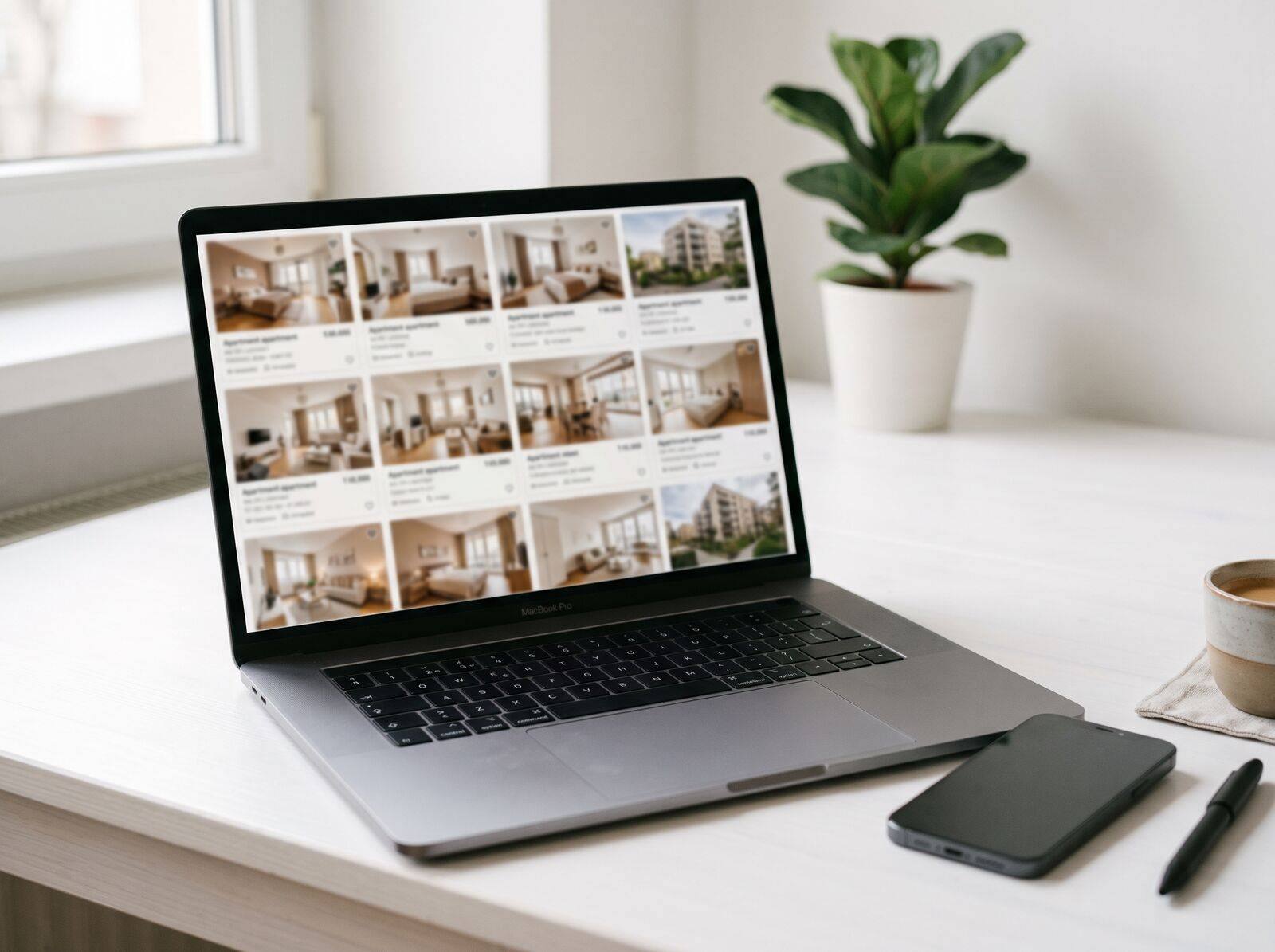 Laptop mit unscharfen Immobilienanzeigen