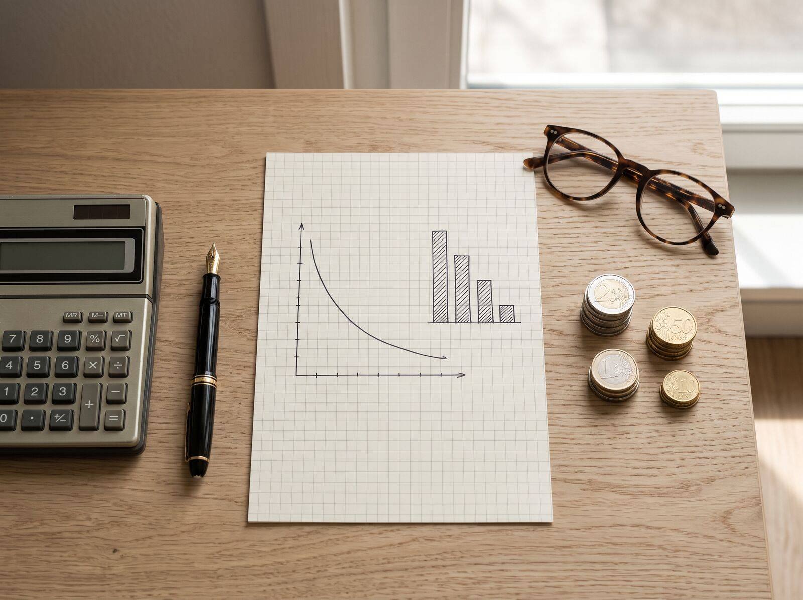 Finanzierungsplan, Taschenrechner und Füller auf dem Schreibtisch