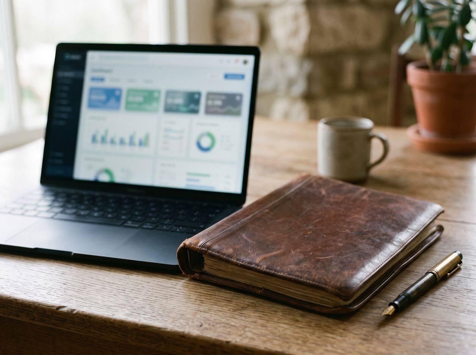 Laptop mit Dashboard neben einem alten Lederordner